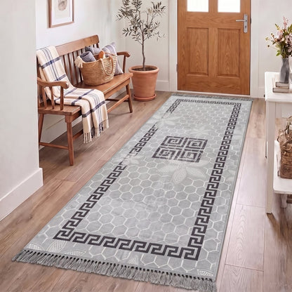 Natural cream Greek key rug in a Scandinavian-style bedroom