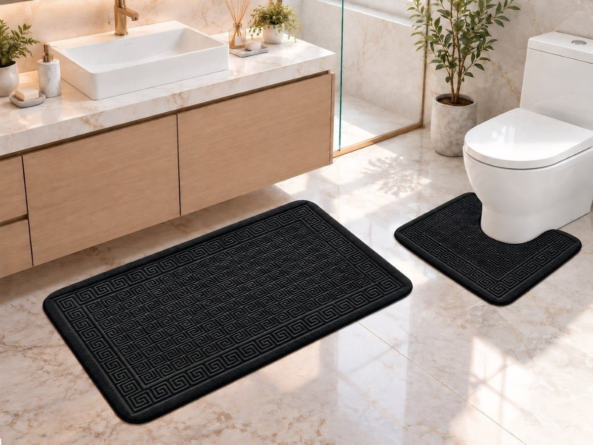 Black Greek key memory foam bath mat and pedestal rug set