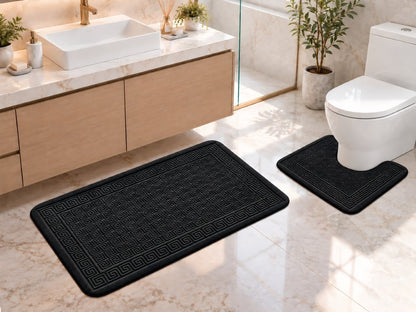 Black Greek key memory foam bath mat and pedestal rug set