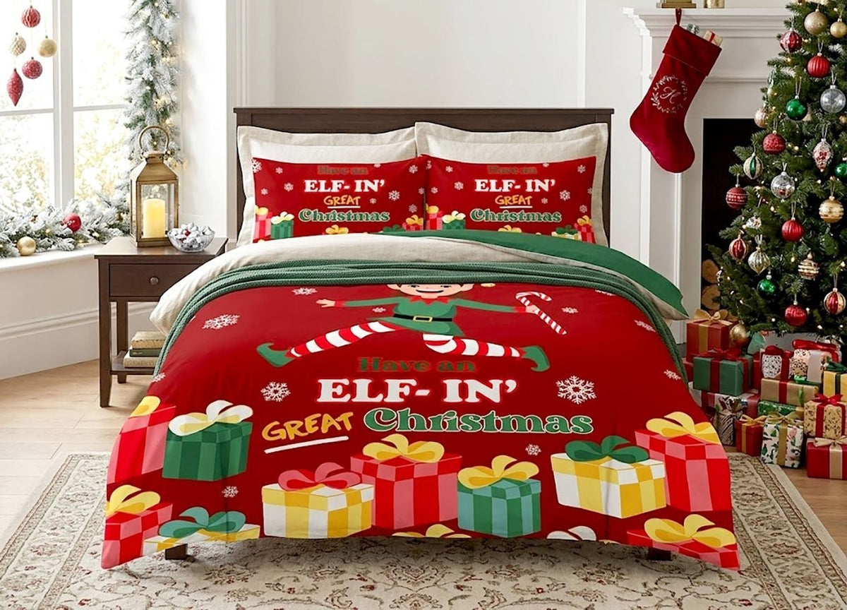 Christmas duvet cover set print shown flat on a made bed with pillows