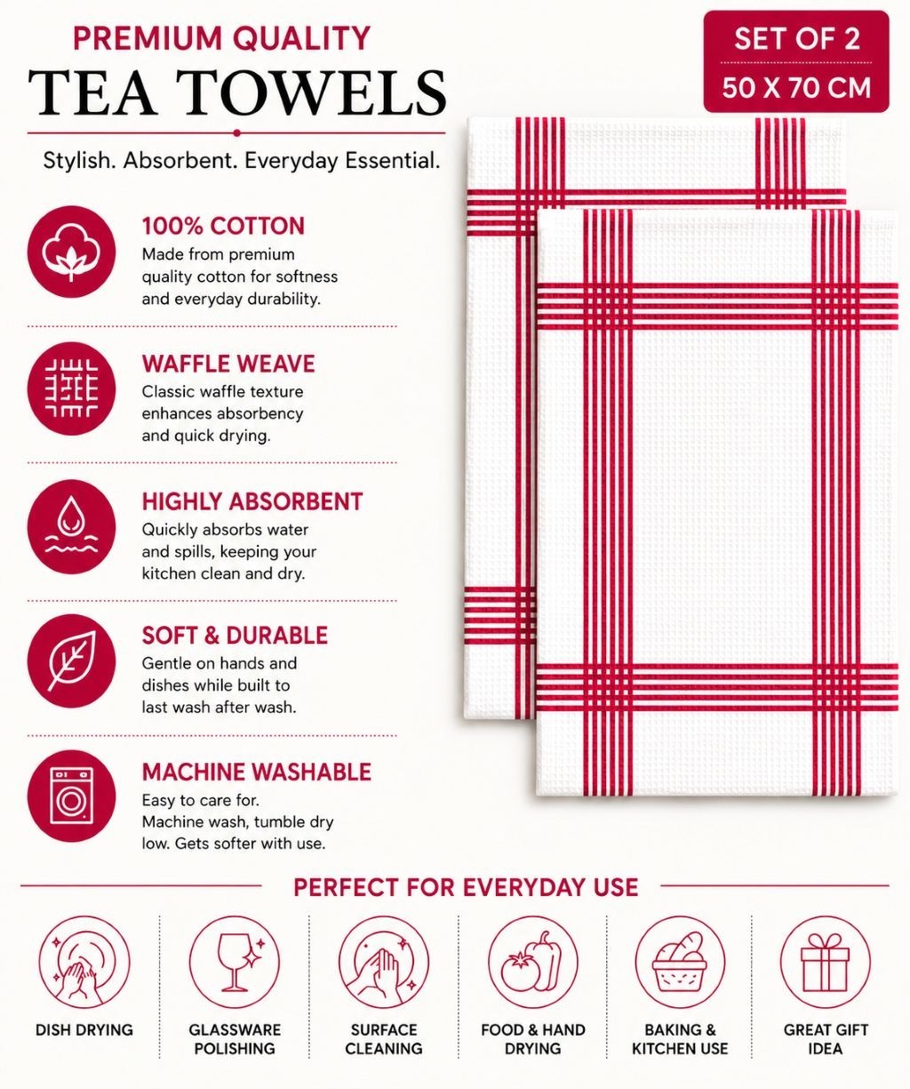 8 PCS 100% COTTON  WAFFLE  TEA TOWELS KITCHEN TOWEL CHECK DESIGN HIGH ABSORBER