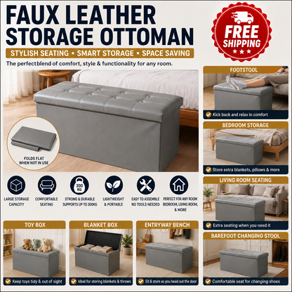 Foldable faux leather ottoman shown open with hidden storage inside