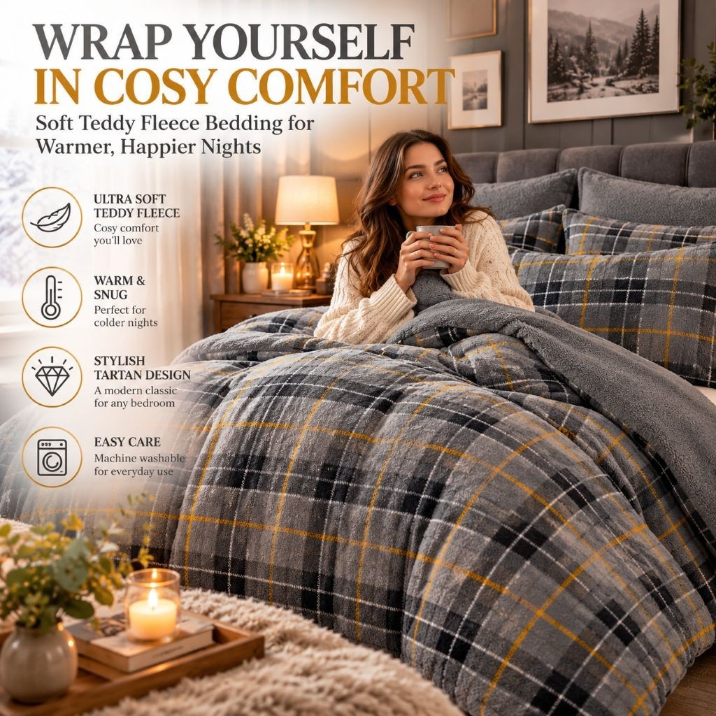 Cosy tartan teddy fleece bedding available in Single, Double, King and Super King
