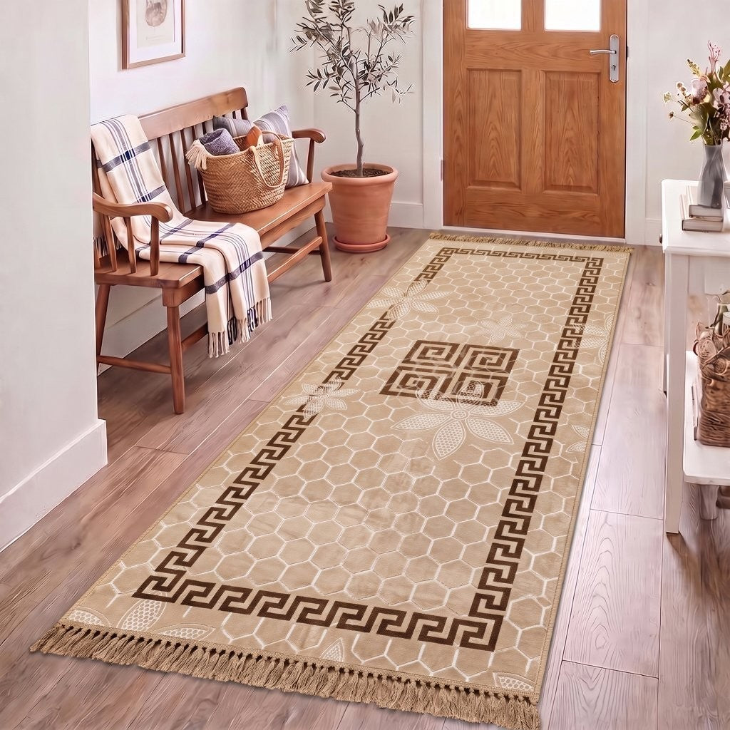Large Greek key rug 160 x 230 cm anchoring a living room sofa