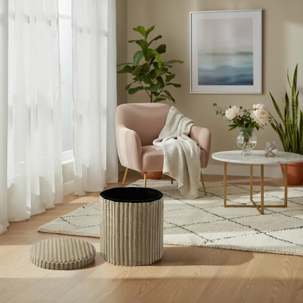 Round Ribbed Storage Box Ottoman Multipurpose Seat Foot Stool Toys Box Organizer