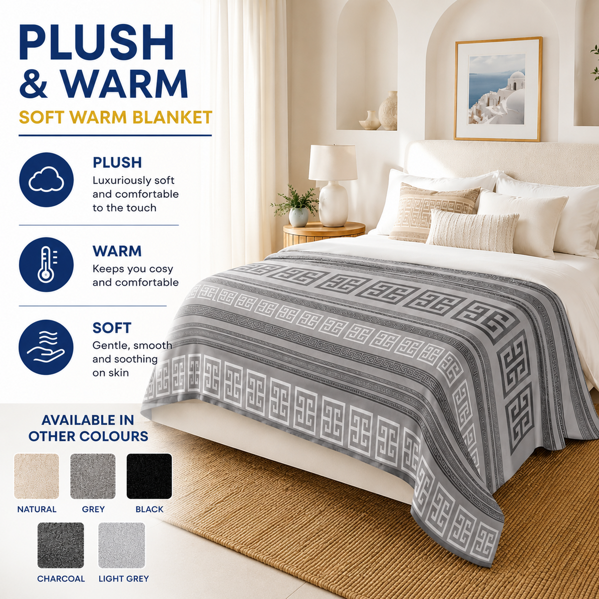 Greek key fleece throw blanket draped over a modern sofa