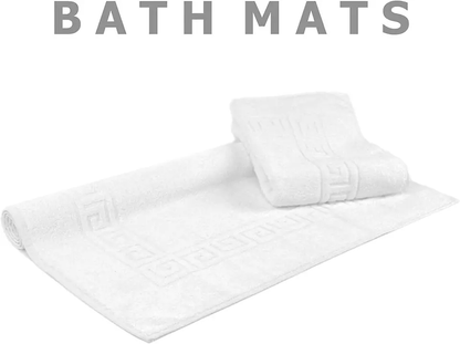 Hotel Quality White Bath Mats 100% Cotton Greek Key Border Design 750GSM Thick