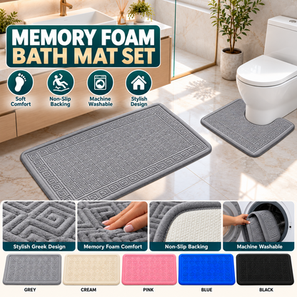 Stavros Greek key memory foam bath mat set with pedestal mat and toilet rug