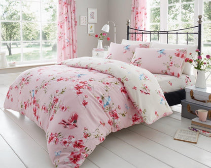 Birdie Blossom Floral Duvet Cover Easy Care Bed Linen All Year Round Bedding Set