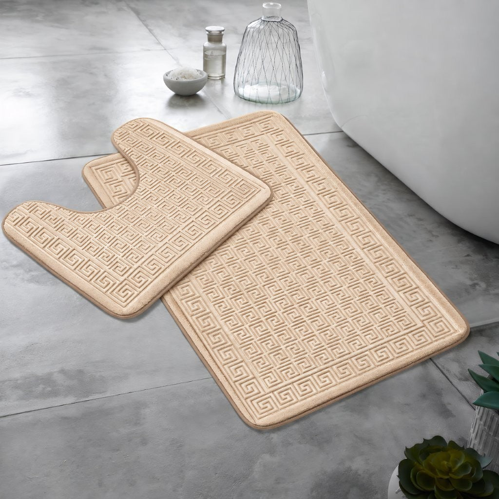 Beige memory foam bath mat corner detail with stitched edge