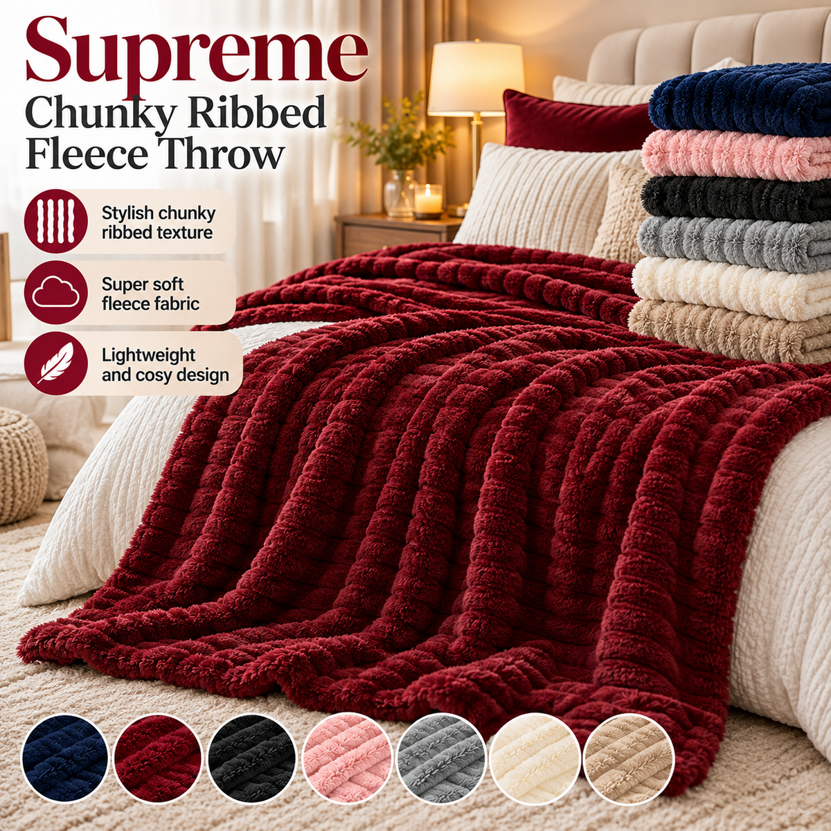 Nimora Home Supreme chunky ribbed fleece throw blanket folded on a bed