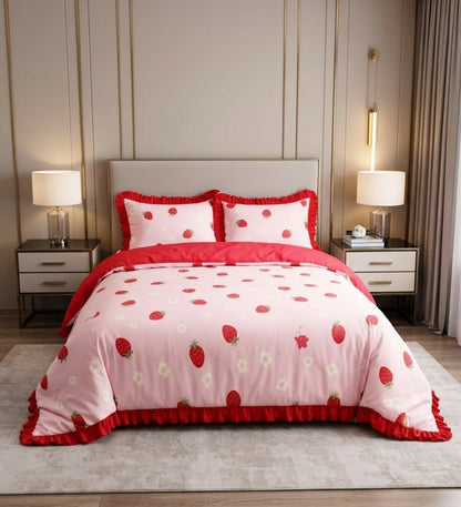 Puppy print scallop frill duvet cover with matching pillowcase in a soft bedroom