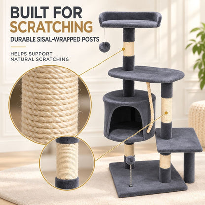 Soft plush lookout perch at the top of the cat climbing frame
