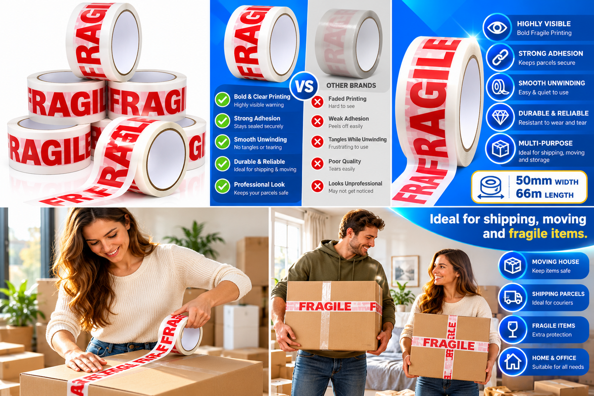 Roll of 48mm fragile printed packing tape with handle with care warning