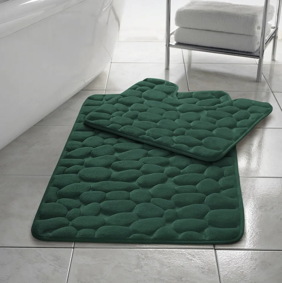 Pabble Memory Foam Non Slip Bath Mat Set 2 Piece Rubber Pedestal Toilet Bathroom