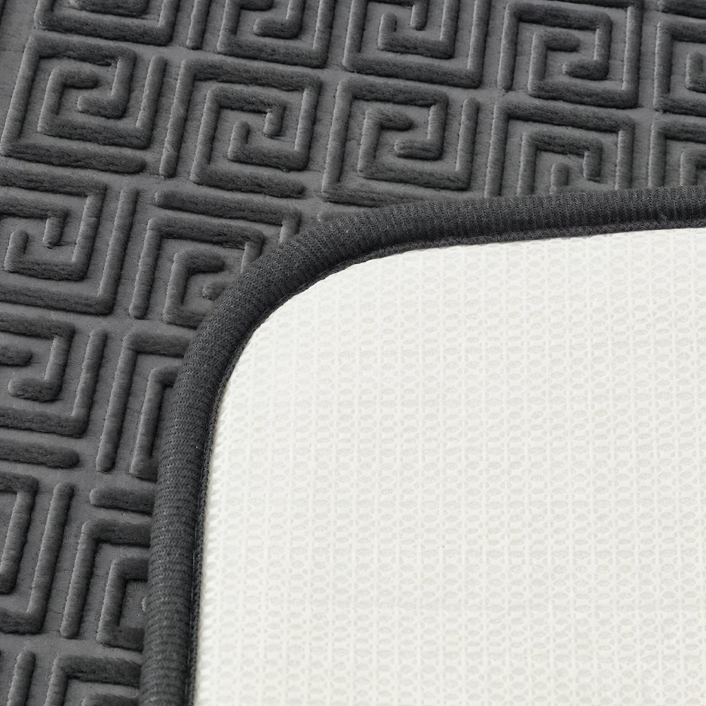 Close-up of Greek key border pattern on cushioned bath mat