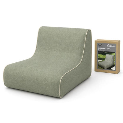 Green inflatable pouf chair styled in a conservatory