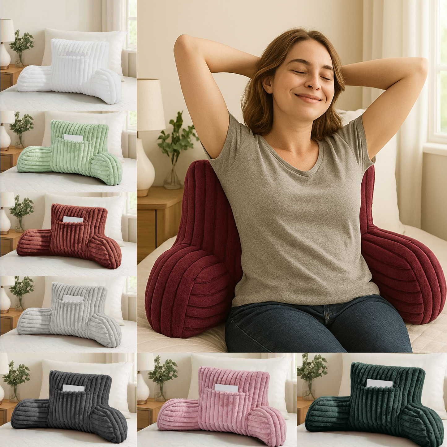 Cuddle Cushion Fleece Reading Chair Back Support Soft Bed Rest Pillow with Arms