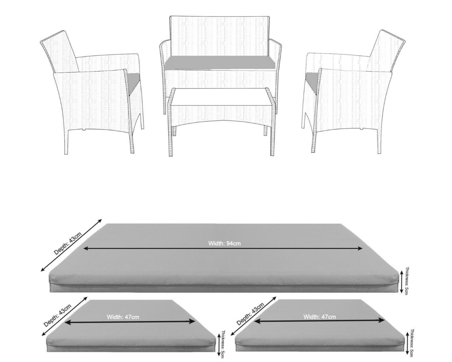Seat Pad Set Replacement Rattan Chair Cushion Pad Waterproof Outdoor Garden Sofa