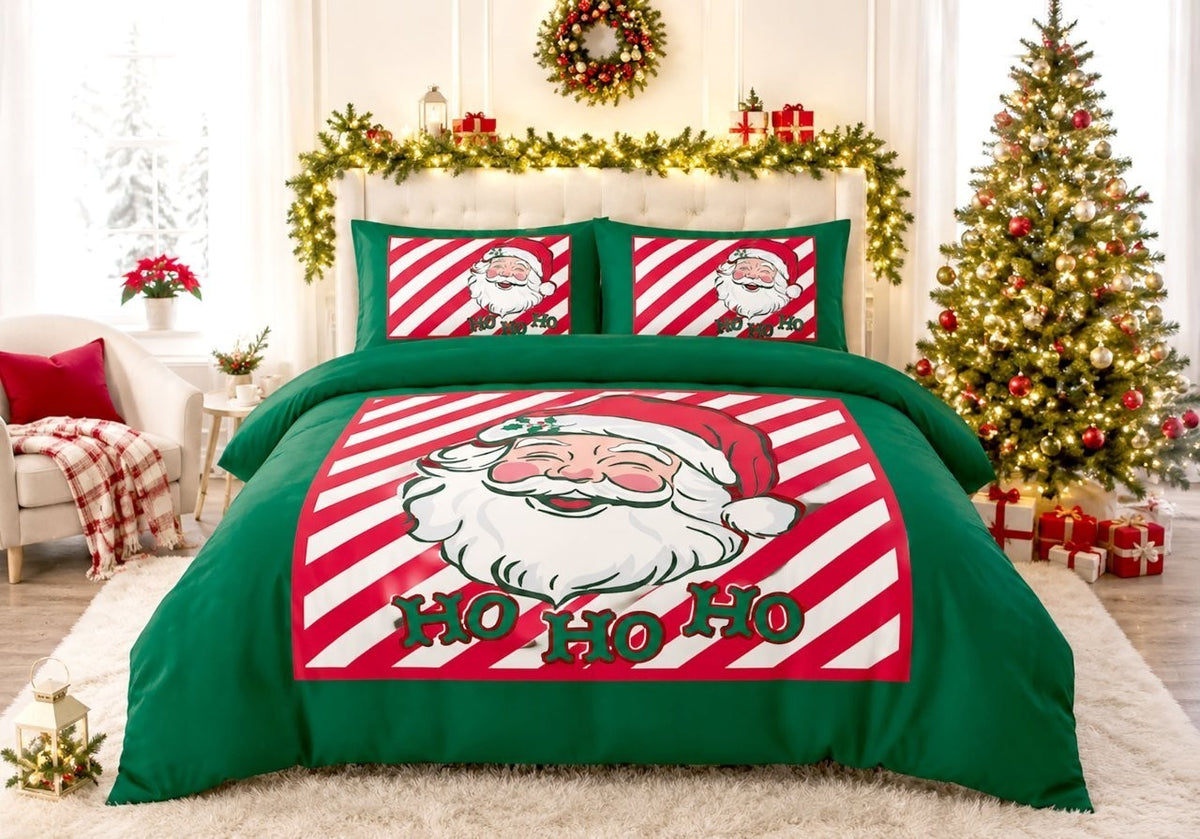 Family bedroom decorated for Christmas with a printed festive duvet cover set
