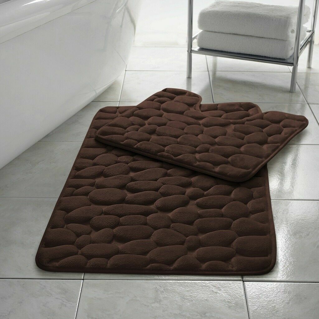 PEBBLES BATH MAT PEDESTAL MEMORY FOAM SET NON SLIP SOFT TOILET BATHROOM RUGS 2PC