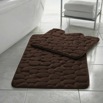 PEBBLES BATH MAT PEDESTAL MEMORY FOAM SET NON SLIP SOFT TOILET BATHROOM RUGS 2PC