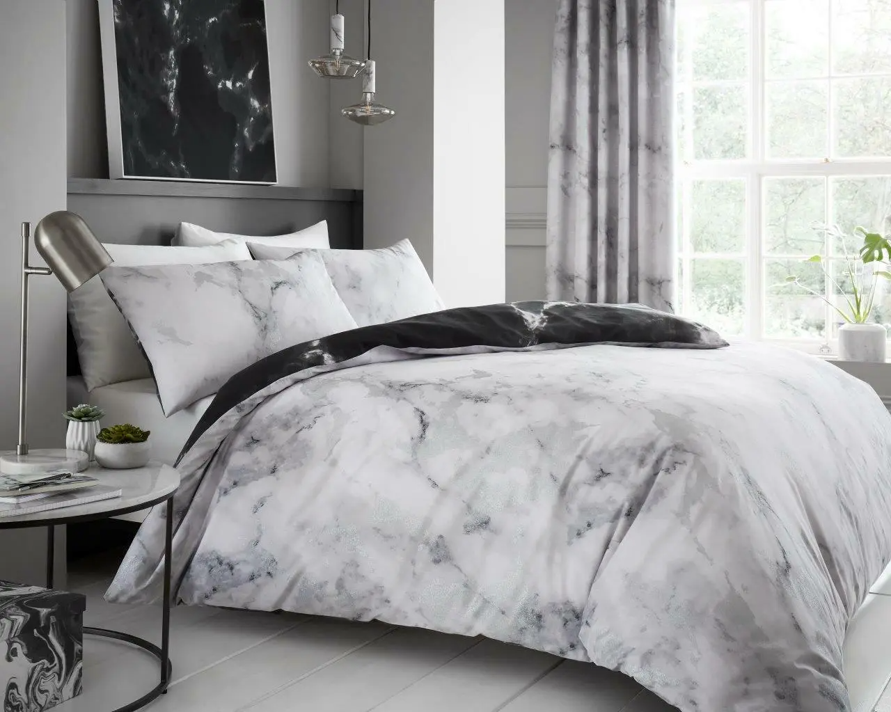 Marble Effect Duvet Quilt Cover & Pillow Case Bedding Set Black Cream White
