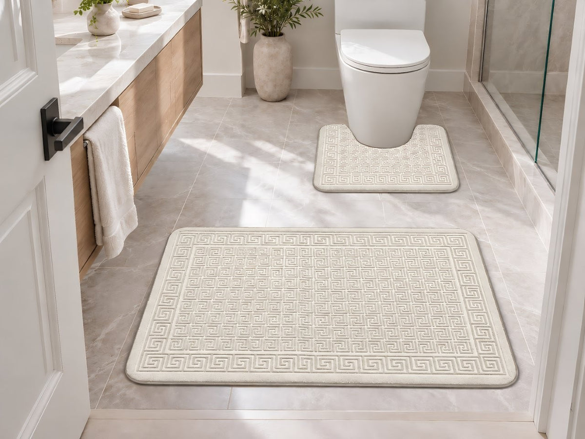 Non slip backing on underside of Greek key bathroom mat