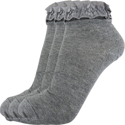 3 Pair Ladies Trainer Ankle Socks Girls Frilly Lace Top Women Kid Back To School