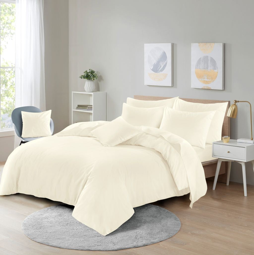 Close-up of smooth silky microfibre fabric on a plain duvet cover