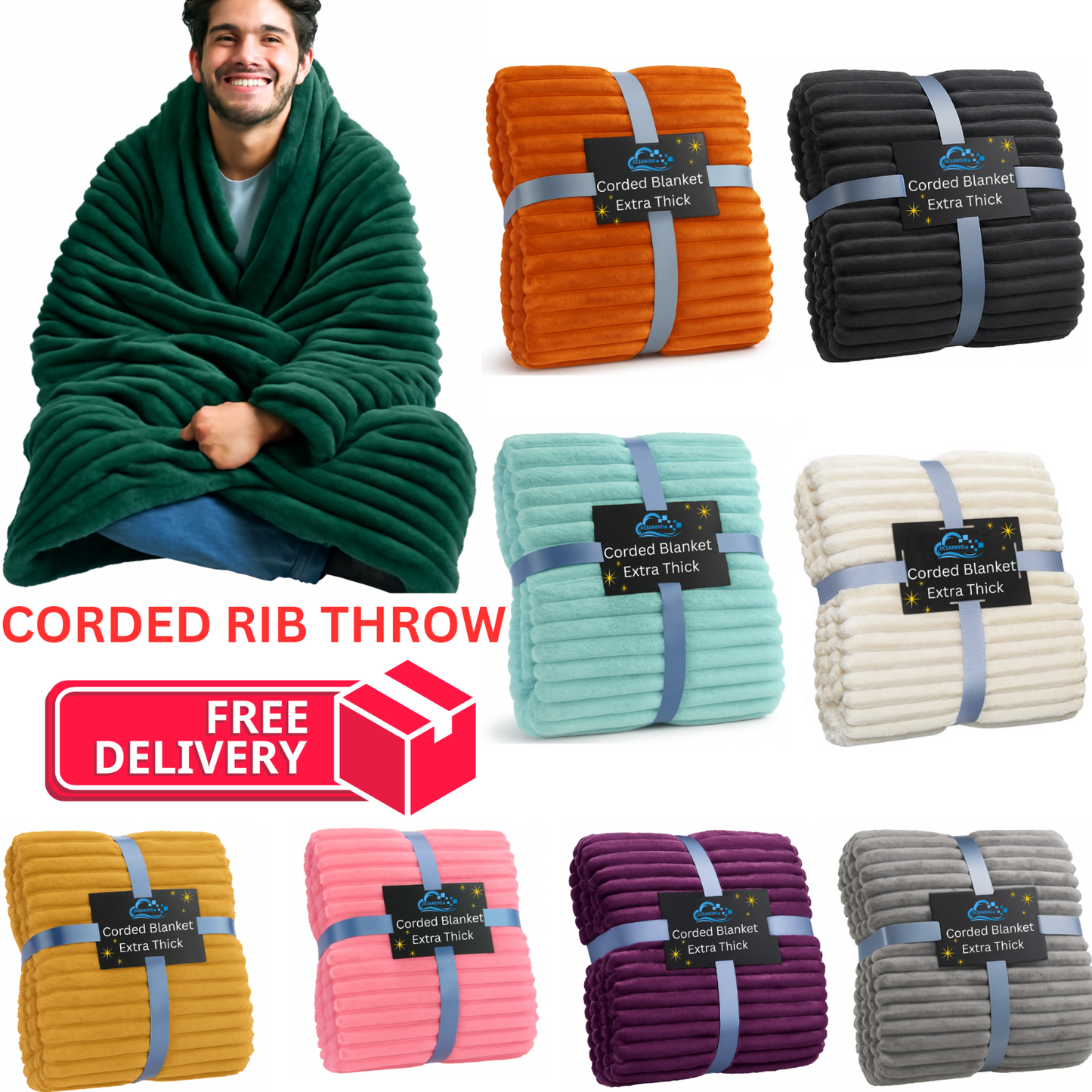 Ribbed Throws Fleece Blanket Chunky Cord Faux Fur Large Size Sofa Bed Corded