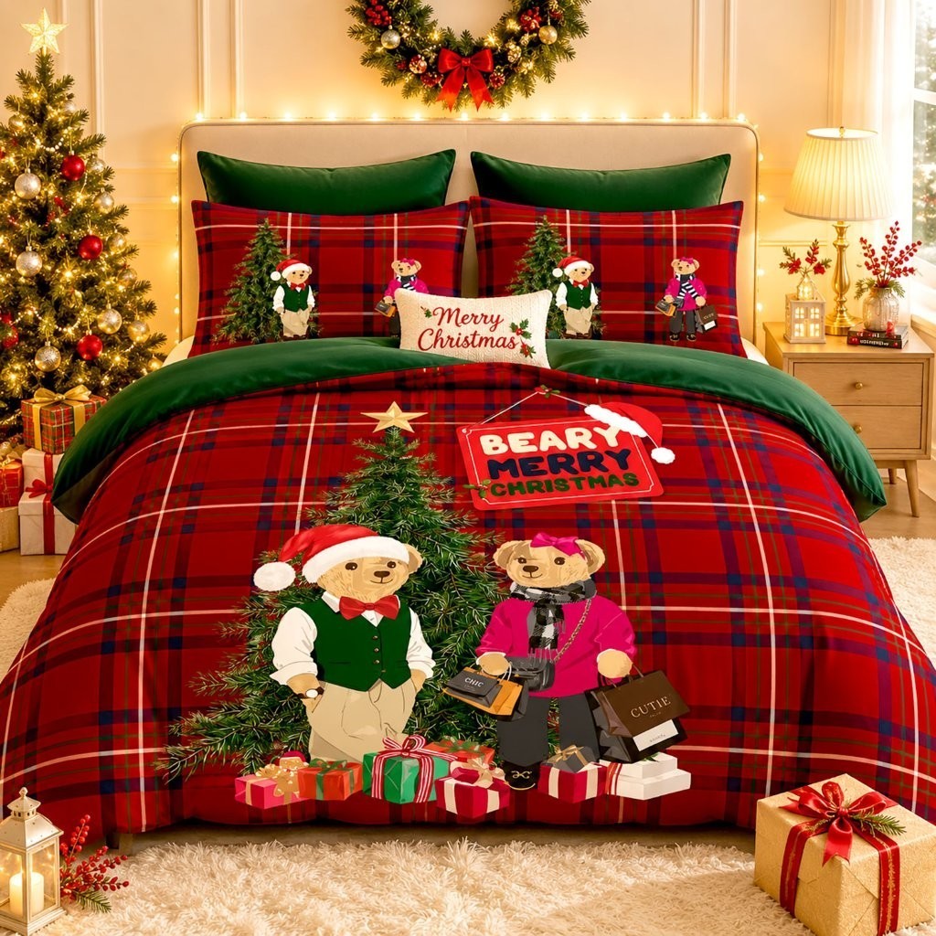 Christmas duvet cover set laid on a bed with matching printed pillowcases