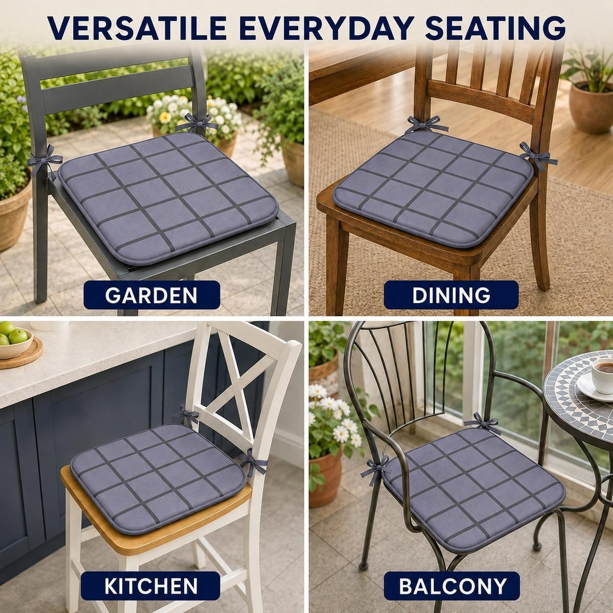 Seat pad features overview: waterproof, tie-on, foam and fibre filled