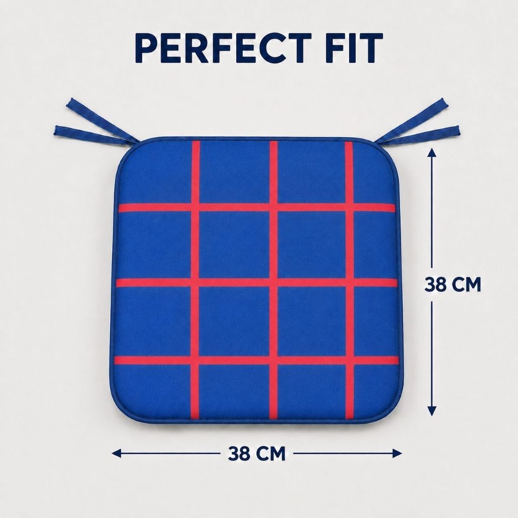 Set of four blue check chair pads stacked together