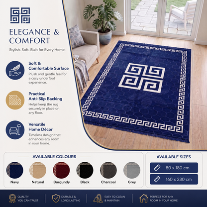 Rhode Greek Key non-slip area rug by Nimora Home shown in a modern living room