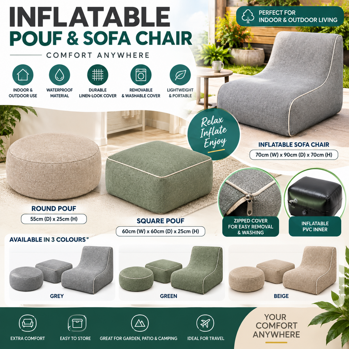 Nimora Home inflatable pouf footstool with waterproof woven-effect cover