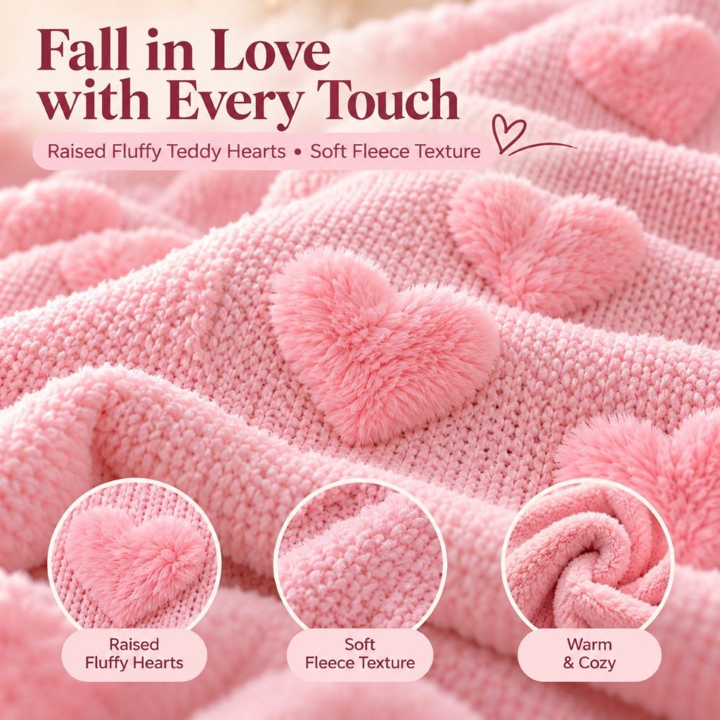 Pink heart embossed fleece throw on a sofa for cosy evenings