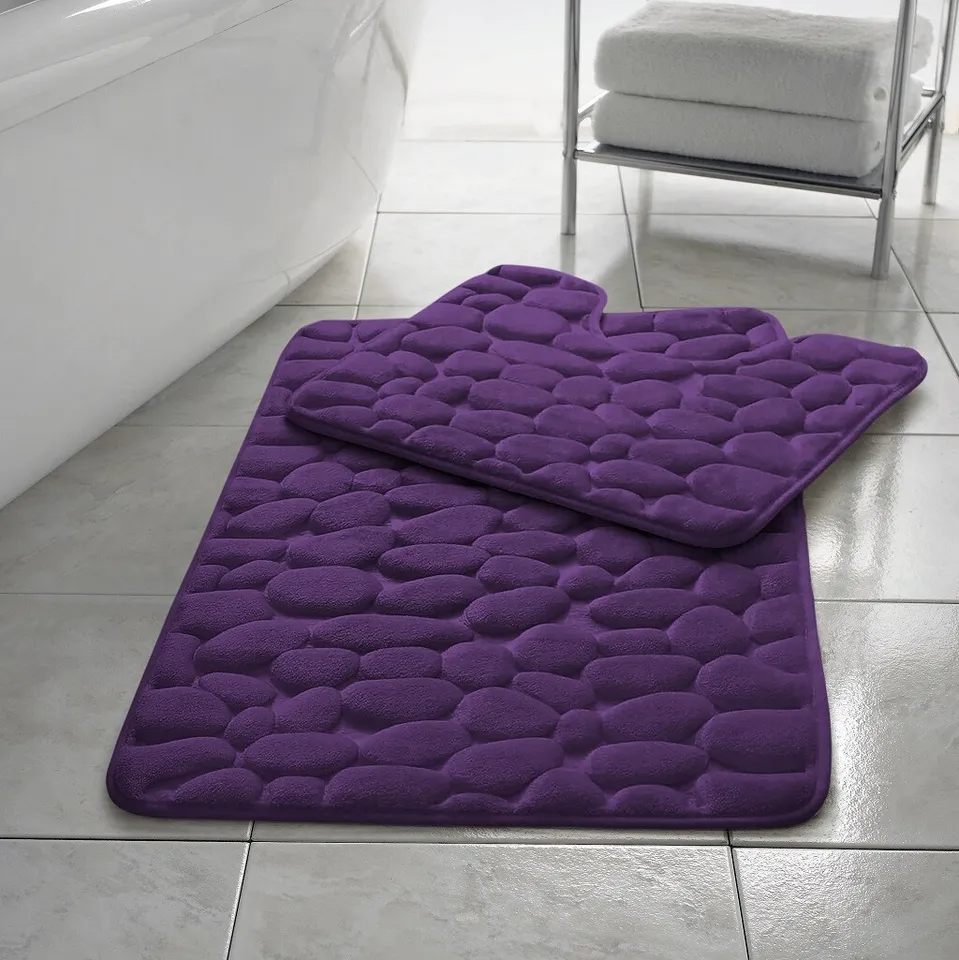 Pabble Memory Foam Non Slip Bath Mat Set 2 Piece Rubber Pedestal Toilet Bathroom