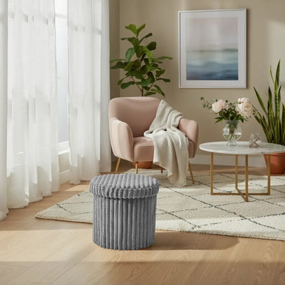 Round Ribbed Storage Box Ottoman Multipurpose Seat Foot Stool Toys Box Organizer