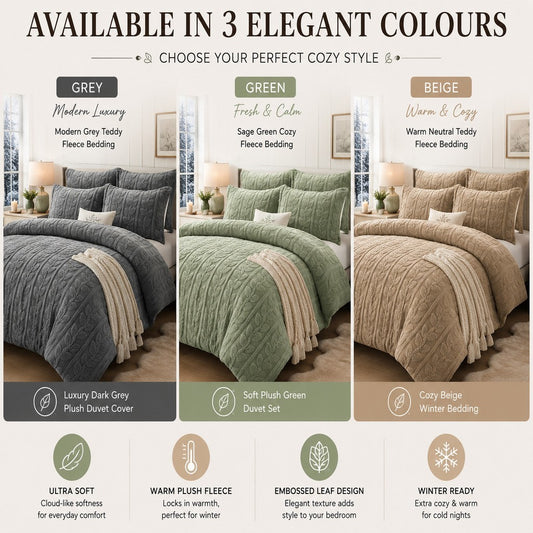 Reversible teddy fleece leaf duvet cover set on a made double bed