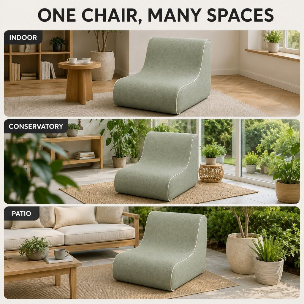 Inflatable sofa chair in beige textured fabric, front view
