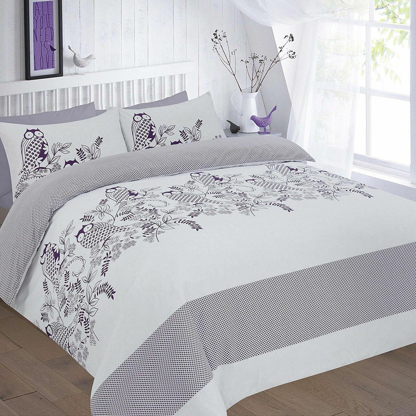 Owls Print Quilt Duvet Cover Set With Pillow Case single double Super King Size