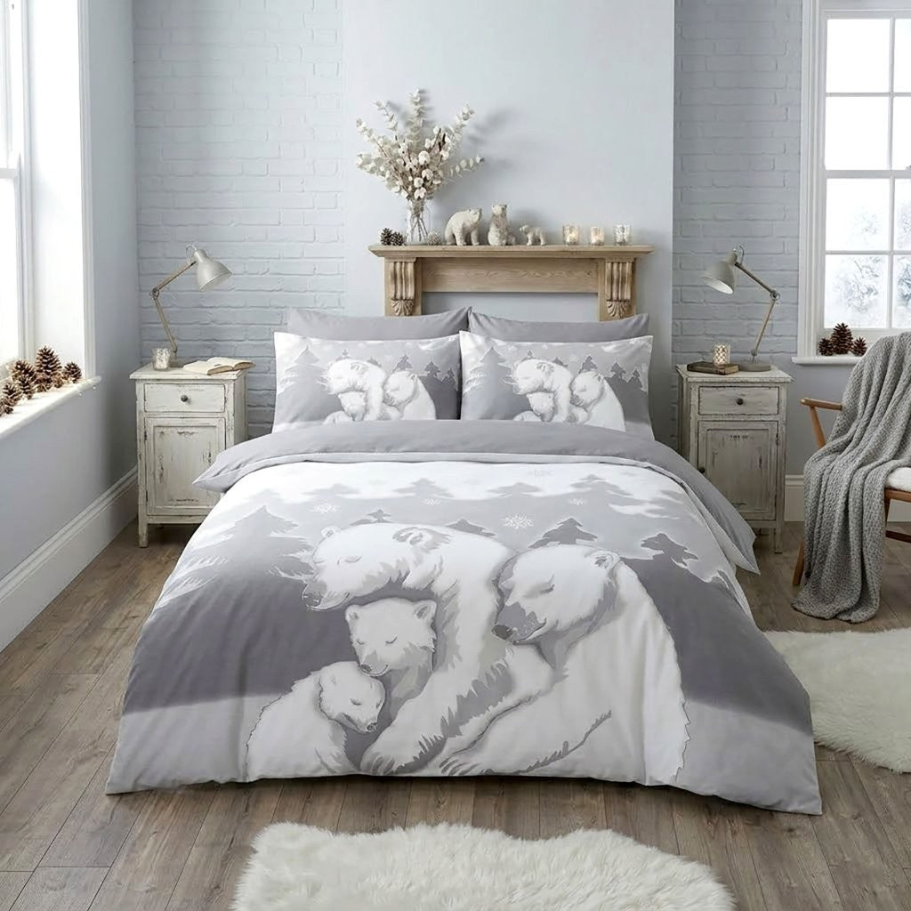 Guest bedroom dressed for the holidays with a festive Christmas bedding set