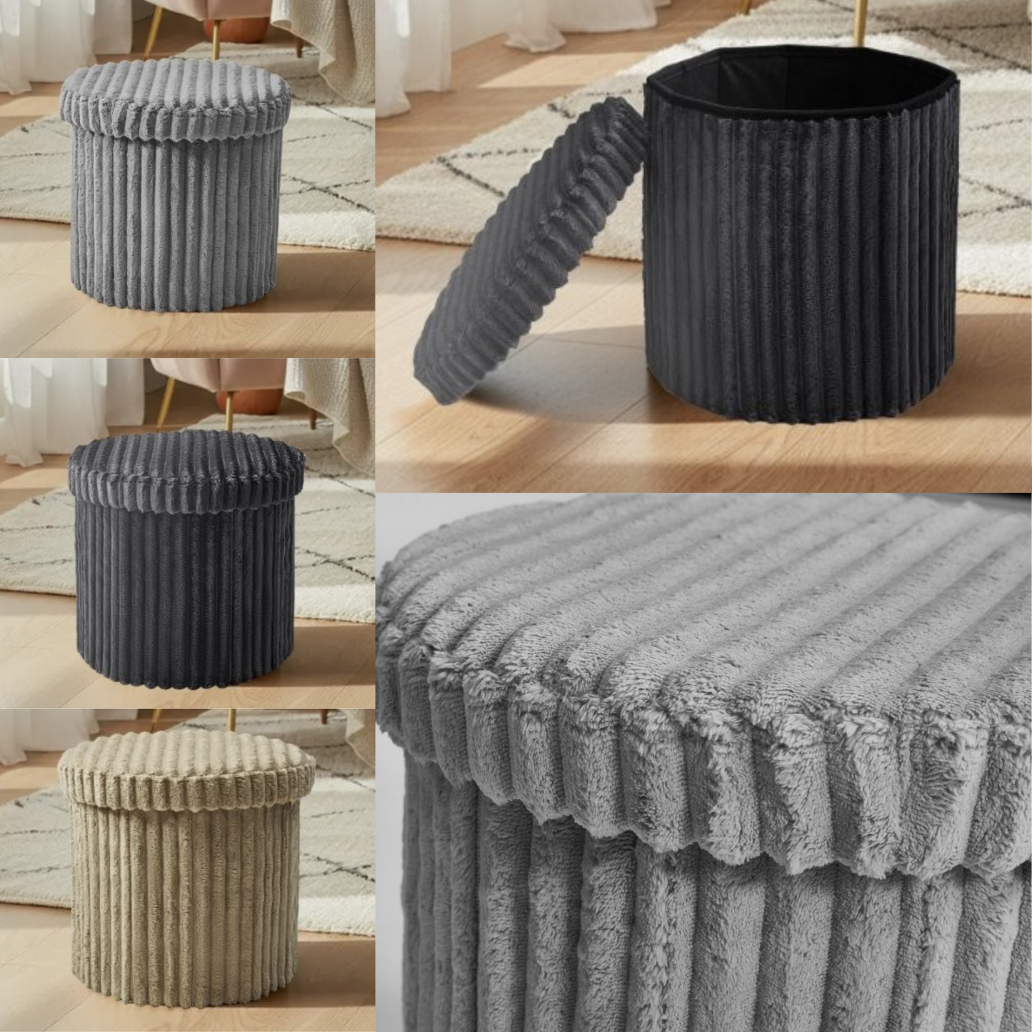 Round Ribbed Storage Box Ottoman Multipurpose Seat Foot Stool Toys Box Organizer