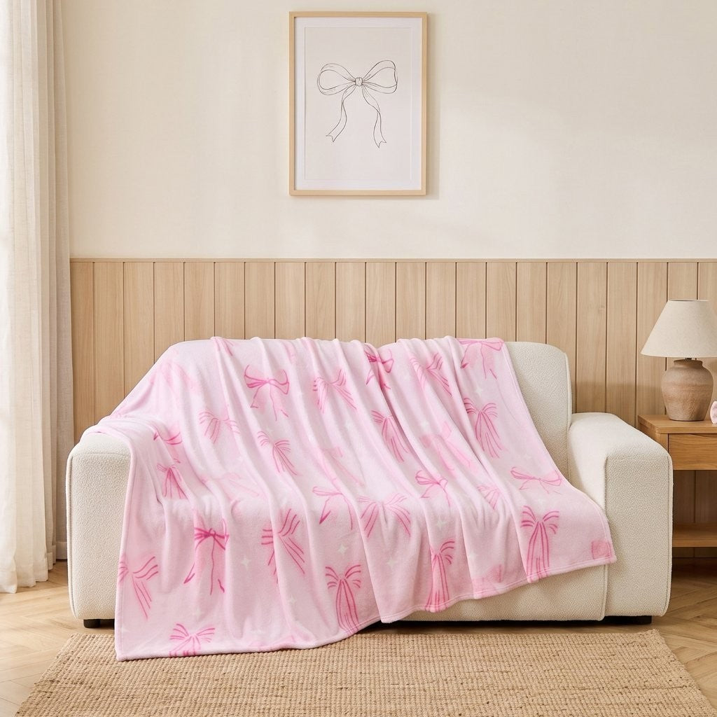 Pink Bows coquette print throw blanket styled on a bed