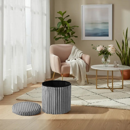 Round Ribbed Storage Box Ottoman Multipurpose Seat Foot Stool Toys Box Organizer