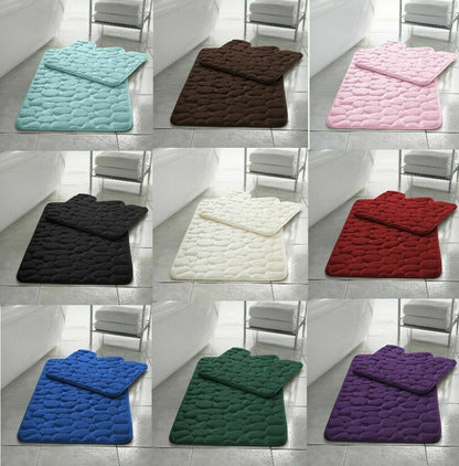 PEBBLES BATH MAT PEDESTAL MEMORY FOAM SET NON SLIP SOFT TOILET BATHROOM RUGS 2PC
