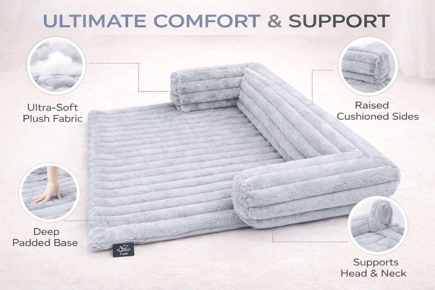 Luxuriously Soft Square Cord Pet Cushion Waterproof Non Slip Ribbed Plush Sofa