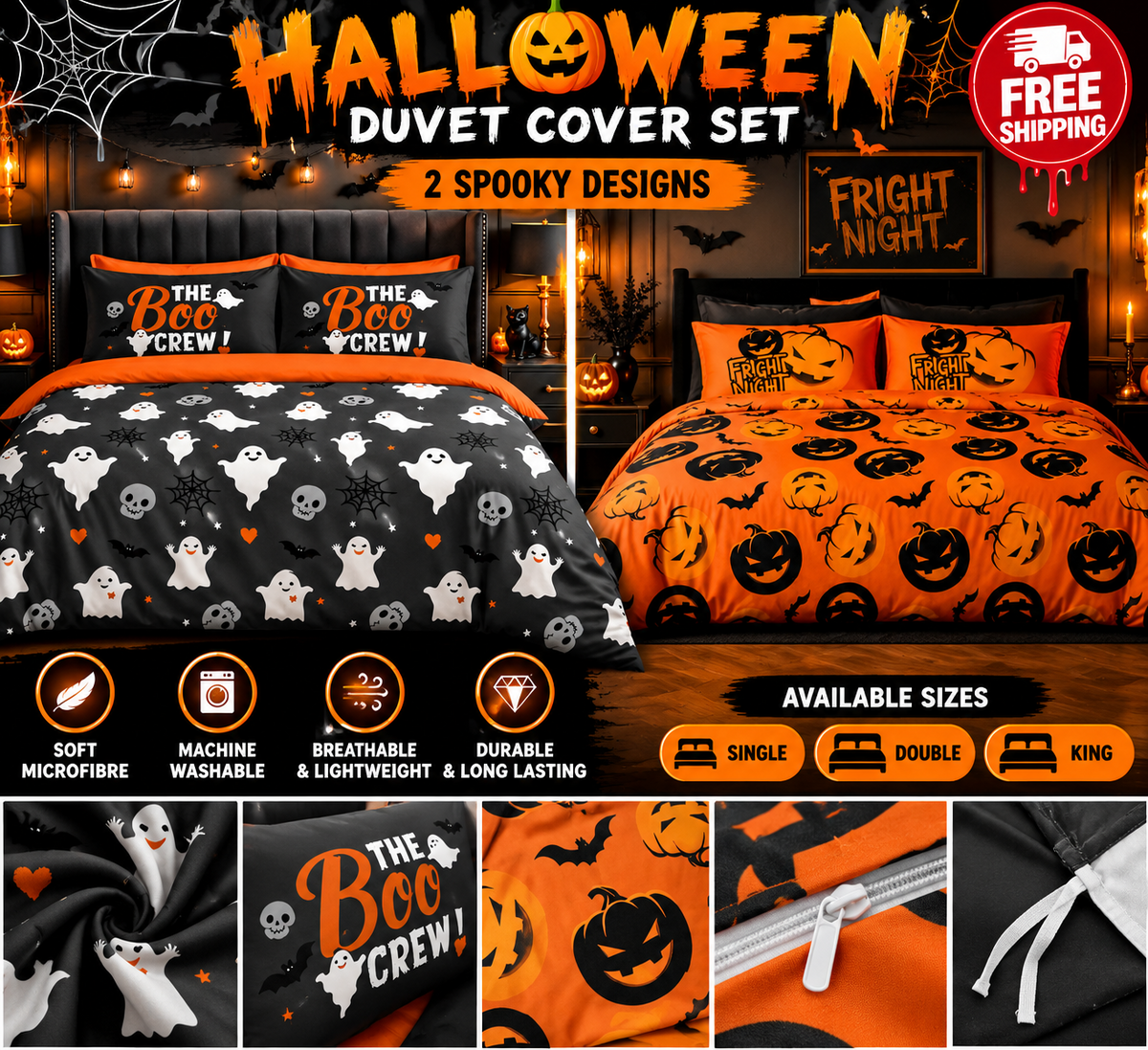Nimora Home Halloween duvet cover set in ghost and pumpkin prints, soft microfibre bedding