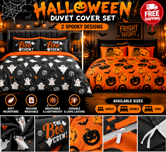 Nimora Home Halloween duvet cover set in ghost and pumpkin prints, soft microfibre bedding
